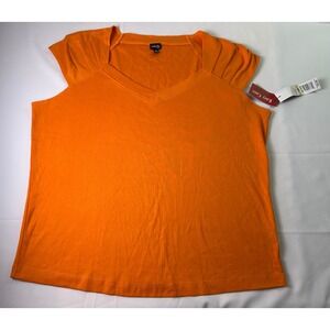 NWT Rafaella Woman 2X Top Fire Orange Cotton V-Neck Ribbed Plus Size Shirt